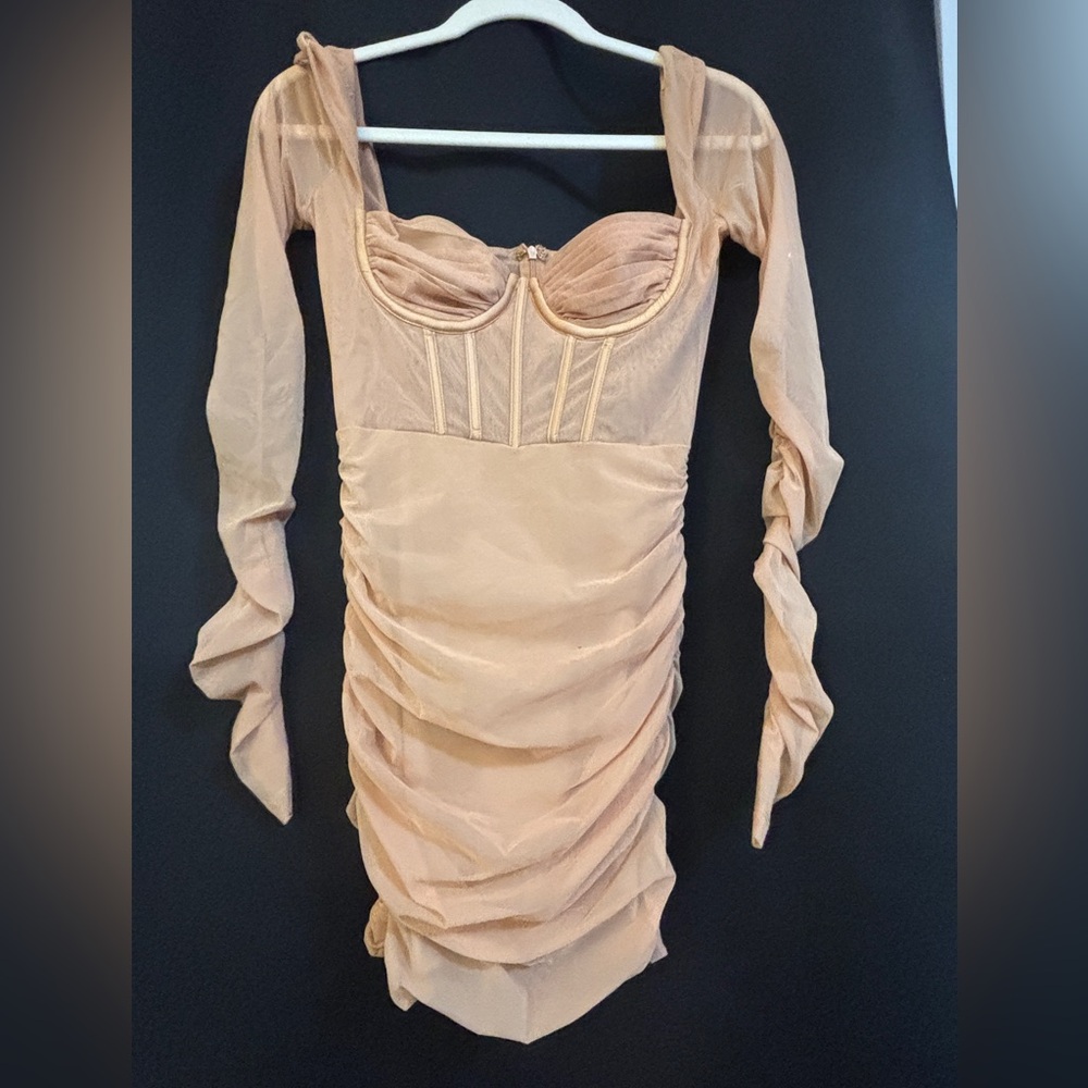 OhPolly Elegant Tan Long-Sleeve Dress